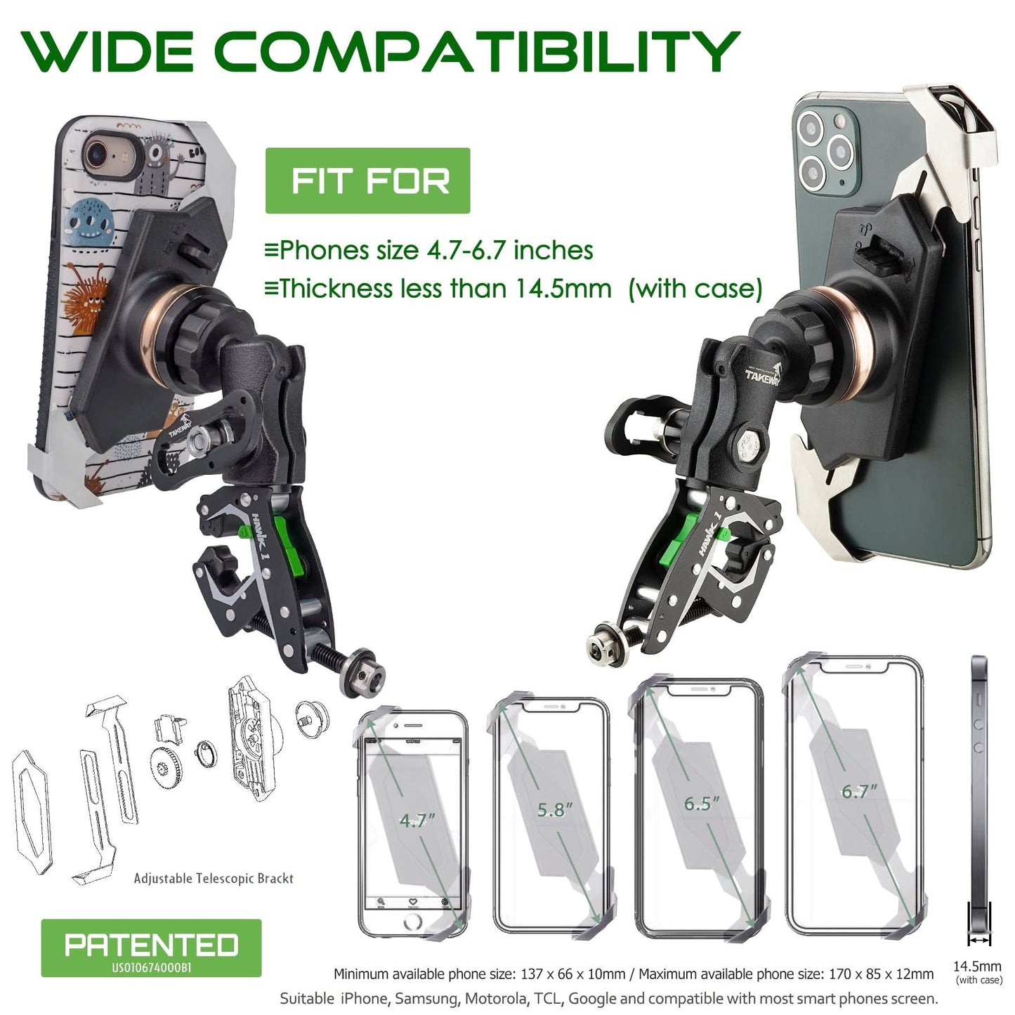 Wide-fit phone holder mount with adjustable cradle and handlebar clamp bracket