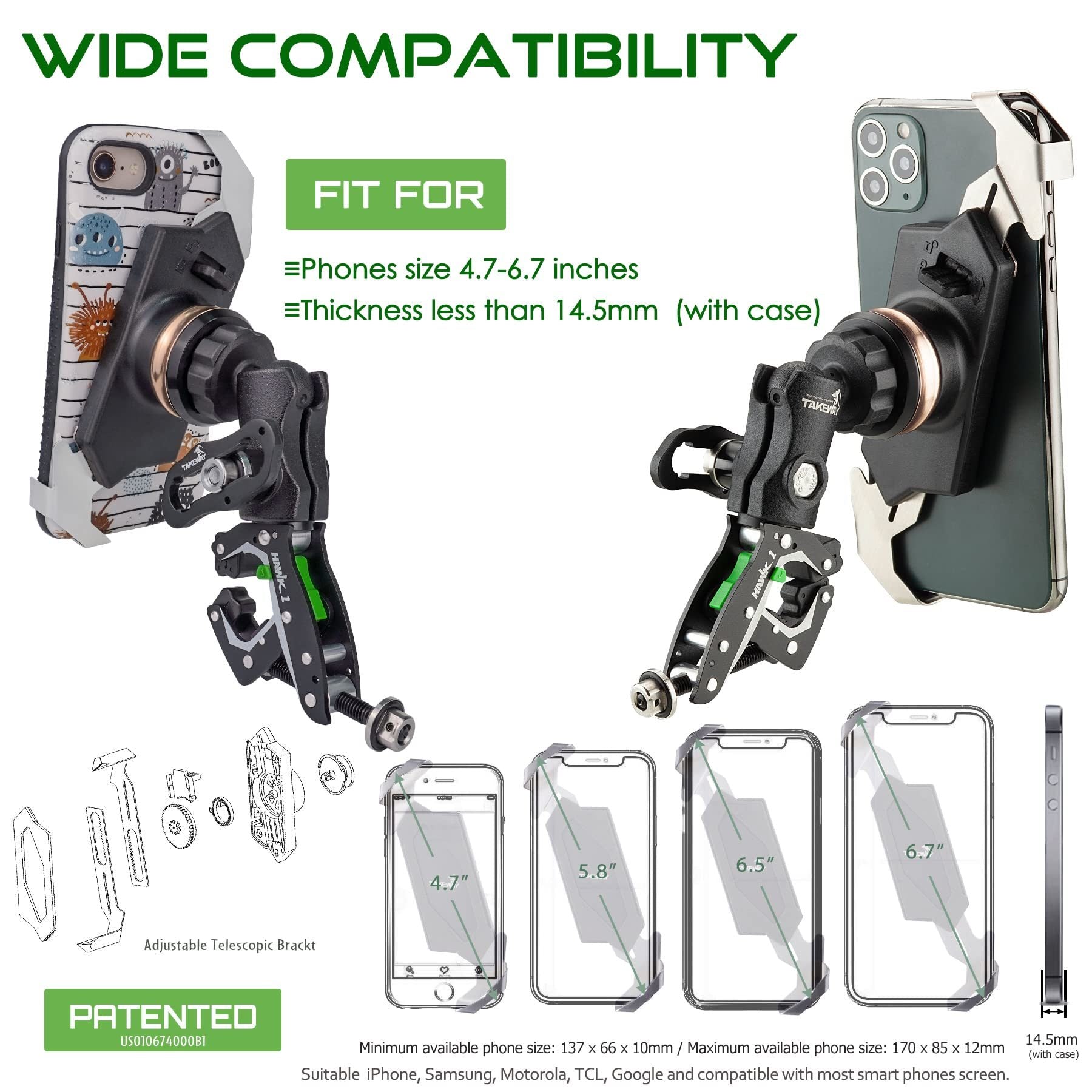 Wide-fit phone holder mount with adjustable cradle and handlebar clamp bracket