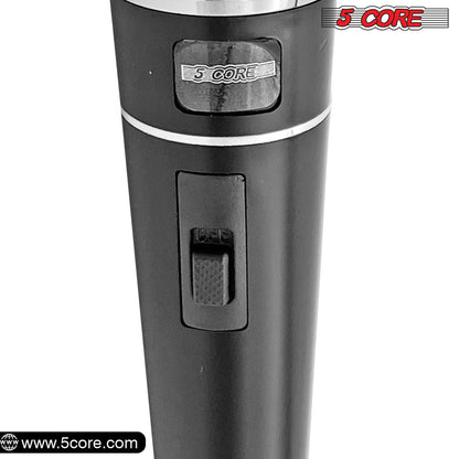 Black handheld microphone body with on/off switch panel and label