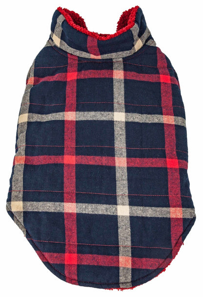 Dog insulated coat jacket with navy-red plaid outer and dark quilted sides