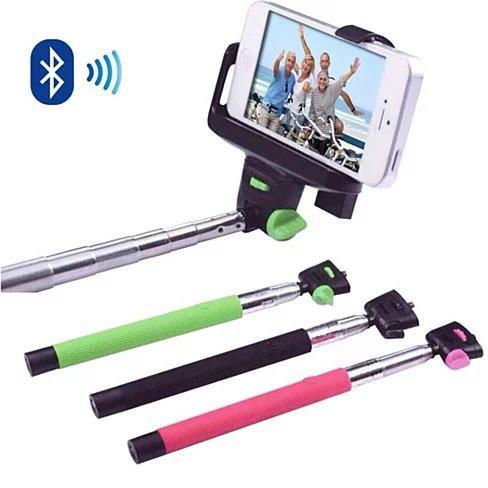 Bluetooth selfie monopod with smartphone mount and three color grips: lime, black, pink