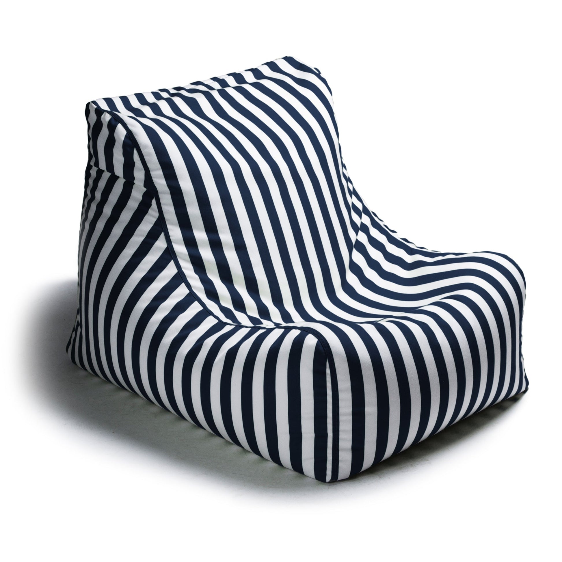 Outdoor bean bag chair with navy and white vertical stripe fabric, padded seat