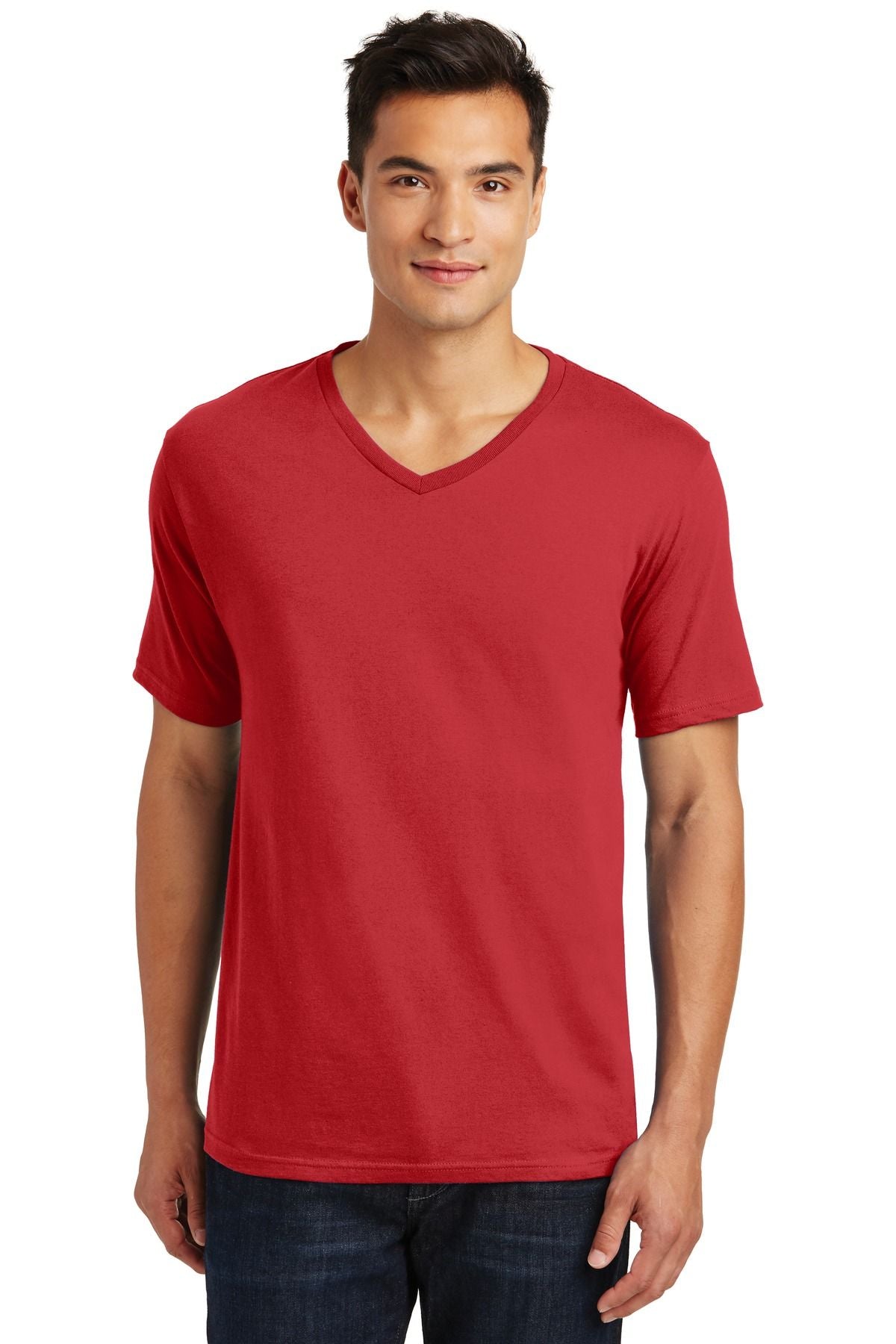 Men's v-neck tee, classic red, solid knit, short sleeves