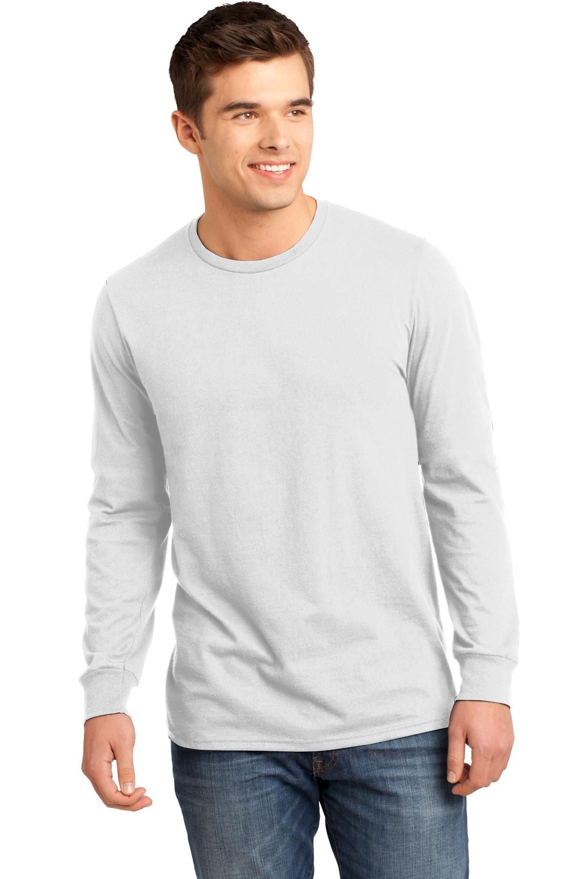 Men's long-sleeve concert tee in white, crew neck, solid knit fabric.