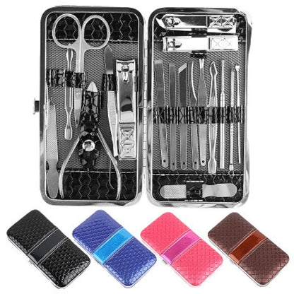 Hard nail tool set case with silver tools and four color covers: black, blue, pink, brown
