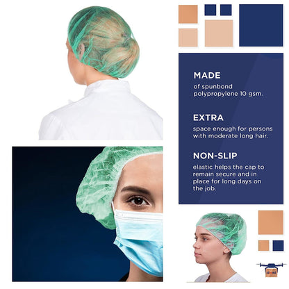 Disposable Hair Net for Men and Women 24", Pack of 100 Green Bouffant Hair Nets with Stretchy Edge, 10 gsm Polypropylene Bouffant Caps Disposable, Breathable Disposable Hair Covers for Nurses