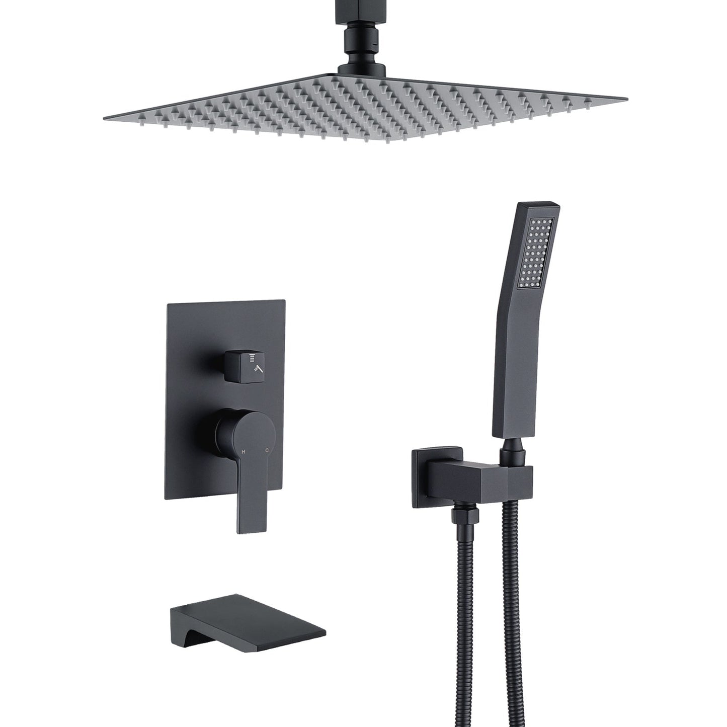 Matte black shower faucet set with 12 in rain head, handheld sprayer, wall controls