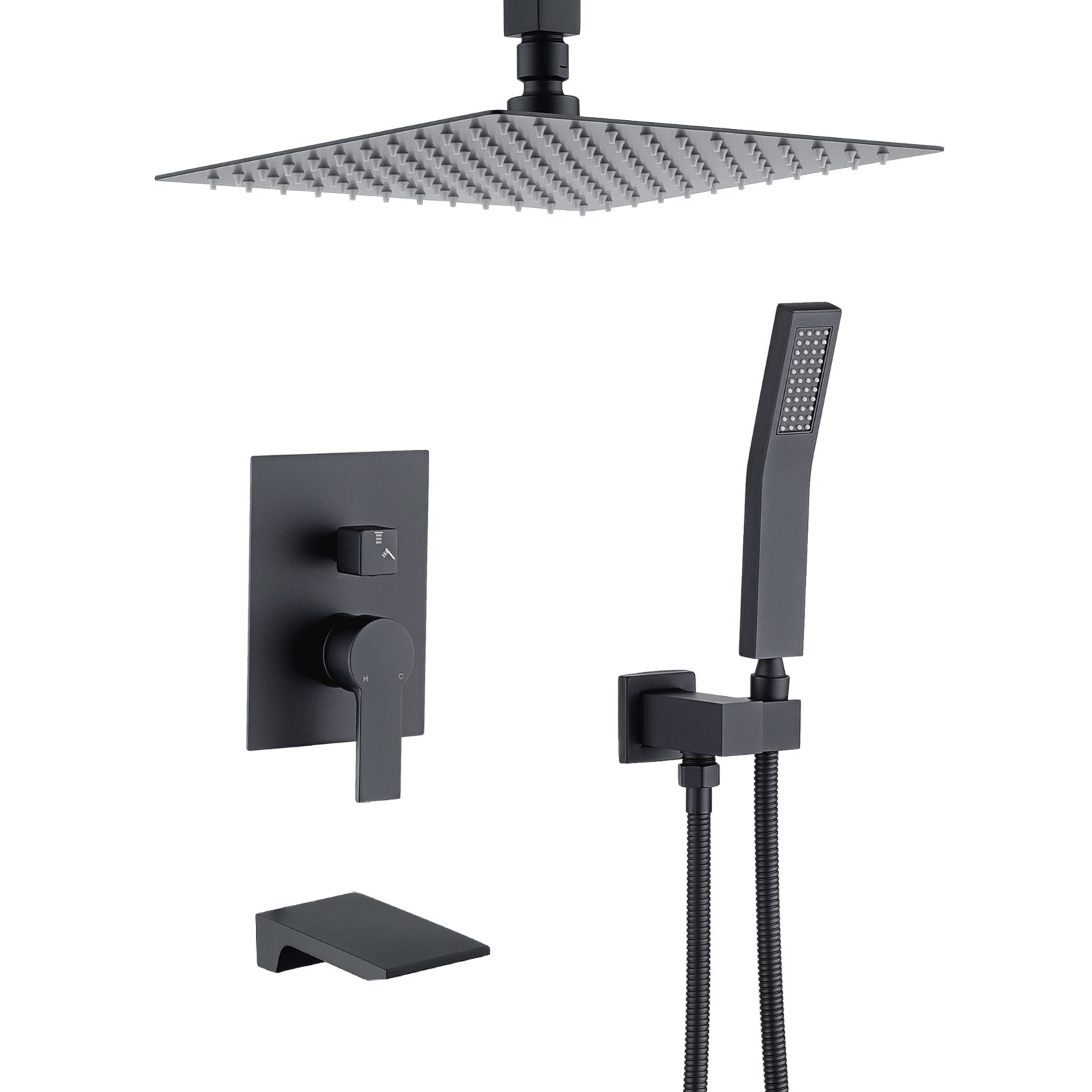 Matte black shower faucet set with 12 in rain head, handheld sprayer, wall controls