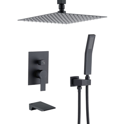 Matte black shower faucet set with 12 in rain head, handheld sprayer, wall controls