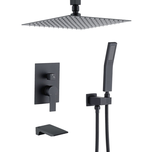 Matte black shower faucet set with 12 in rain head, handheld sprayer, wall controls