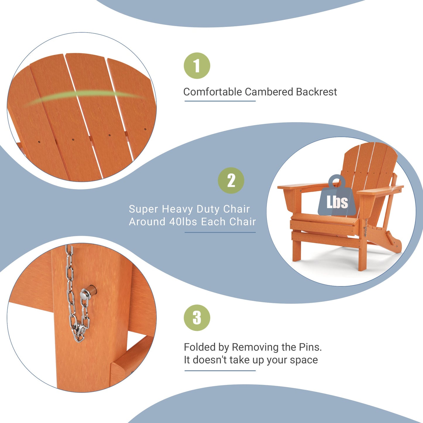 Orange folding Adirondack chair infographic with backrest and folding detail views