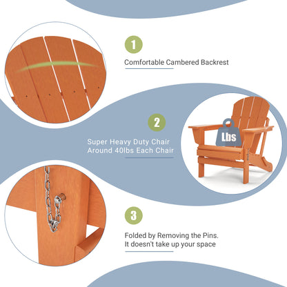 Orange folding Adirondack chair infographic with backrest and folding detail views
