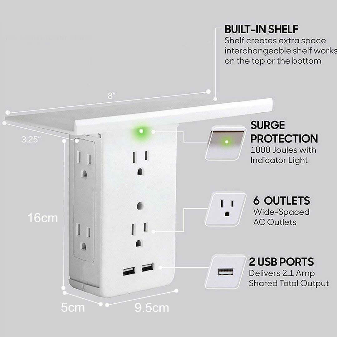 Wall outlet with built-in shelf, diagram showing 6 outlets and surge protection
