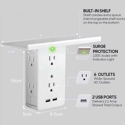 Wall outlet with built-in shelf, diagram showing 6 outlets and surge protection