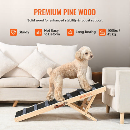 Dog Ramp, Folding Pet Ramp for Bed, Adjustable Dog Ramp for Small, Large, Old Dogs & Cats, Wooden Pet Ramp with 39.3" Long Ramp, Adjustable from 15" to 22", Suitable for Couch, Sofa, Car