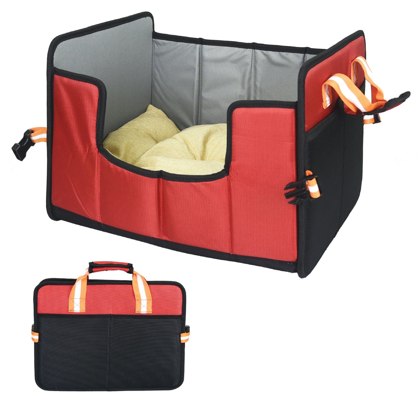 Folding travel pet bed, red and black with light green inner cushion
