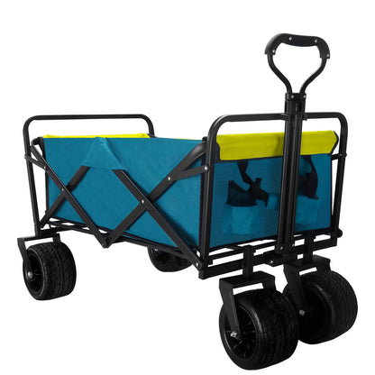 Blue collapsible utility wagon with mesh side panels and black wheel set