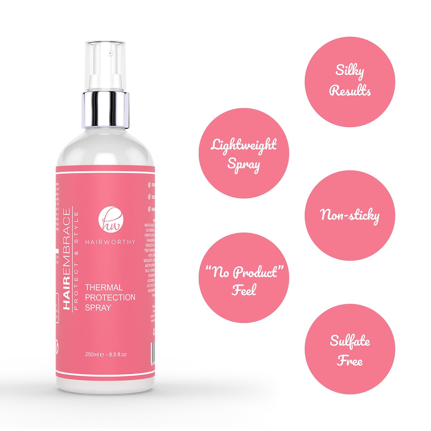 Thermal protection spray bottle with Silky Results, Lightweight Spray, Sulfate Free badges