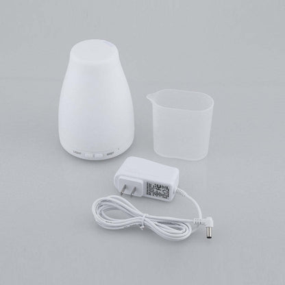 Aromatherapy-free humidifier, plus empty reservoir cup and power adapter.
