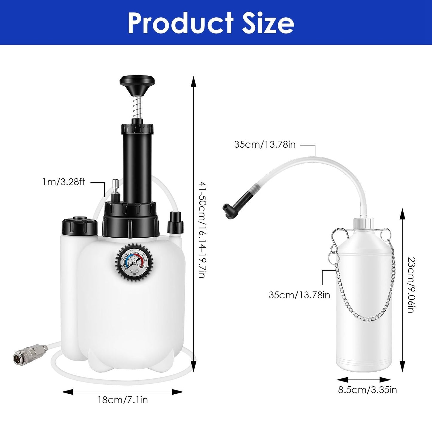 Brake bleeder pump bottle kit with 3L and 1L bottles plus suction hose, shown with dimensions