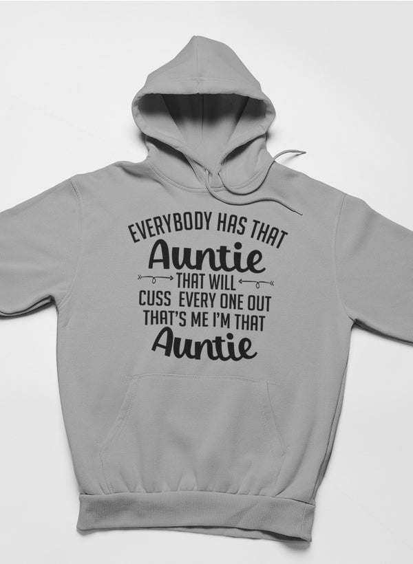 Gray hoodie with front hood and large “Auntie” graphic text