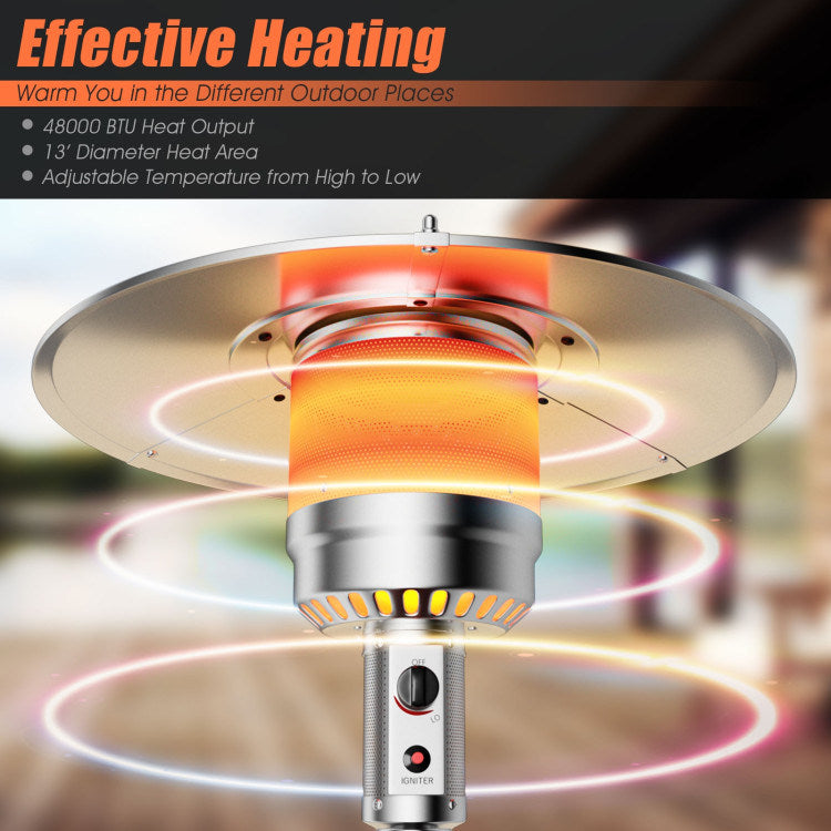 Propane patio heater burner with glowing heat ring beneath a large round metal hood