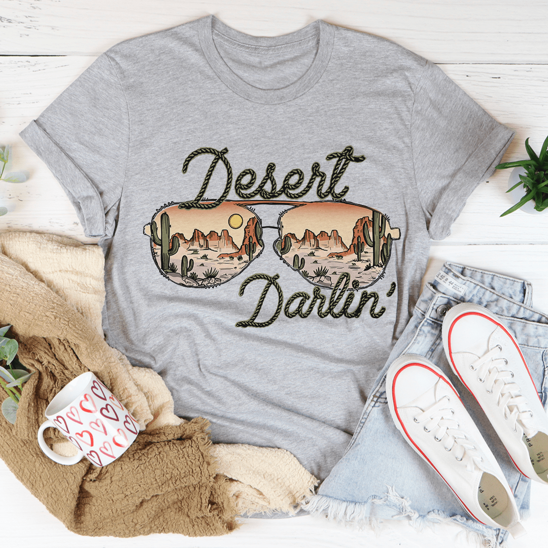 Gray crew-neck T-shirt featuring the Desert Darlin' desert scene graphic.