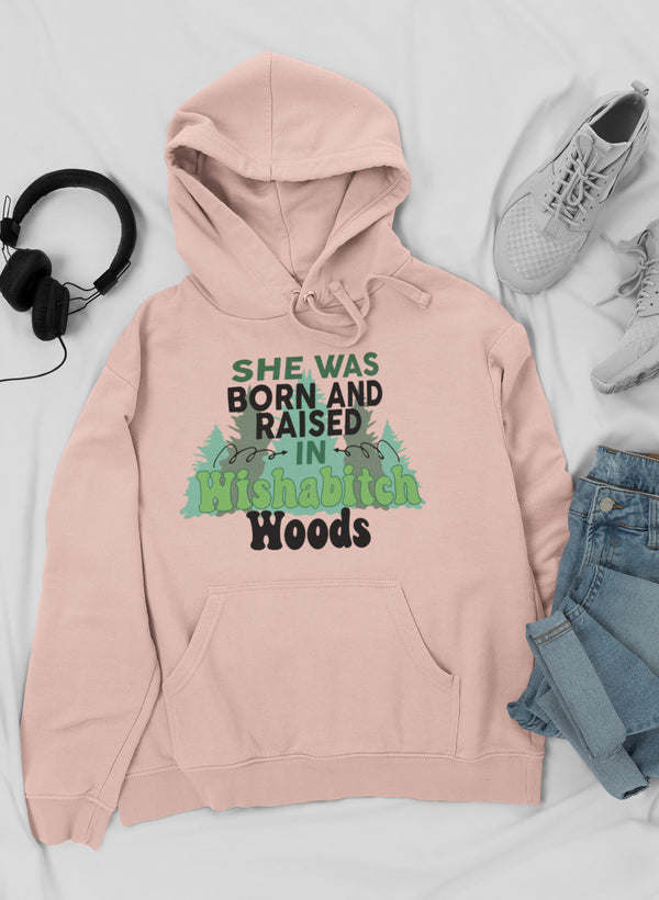 Blush pink pullover hoodie with drawstring hood, kangaroo pocket, and front slogan graphic