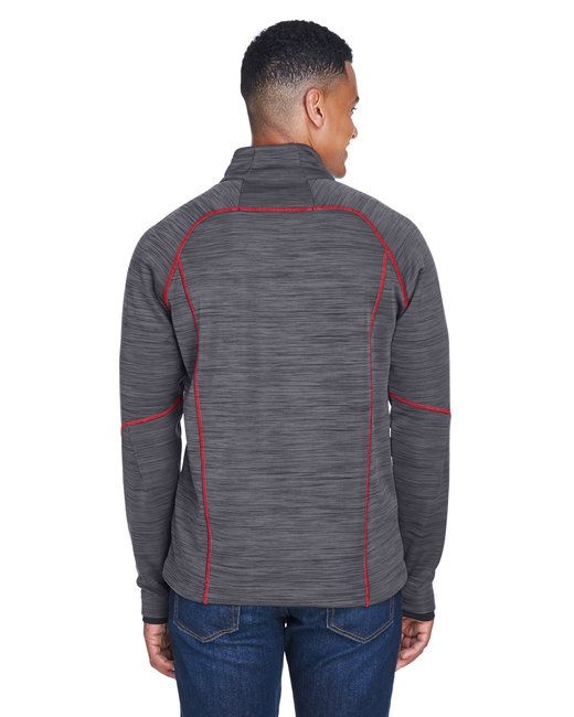 Charcoal bonded fleece jacket with red piping, back view