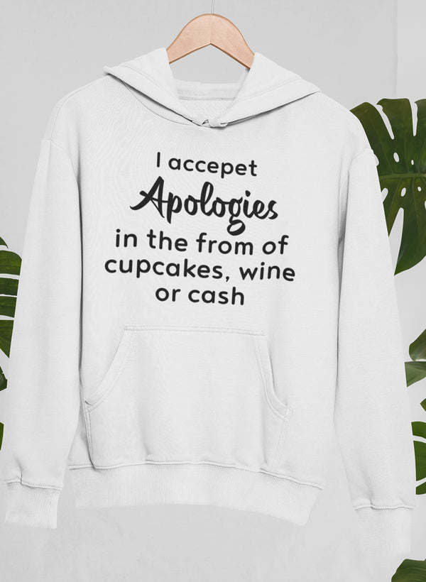 White hoodie with hood and kangaroo pocket, front quote print