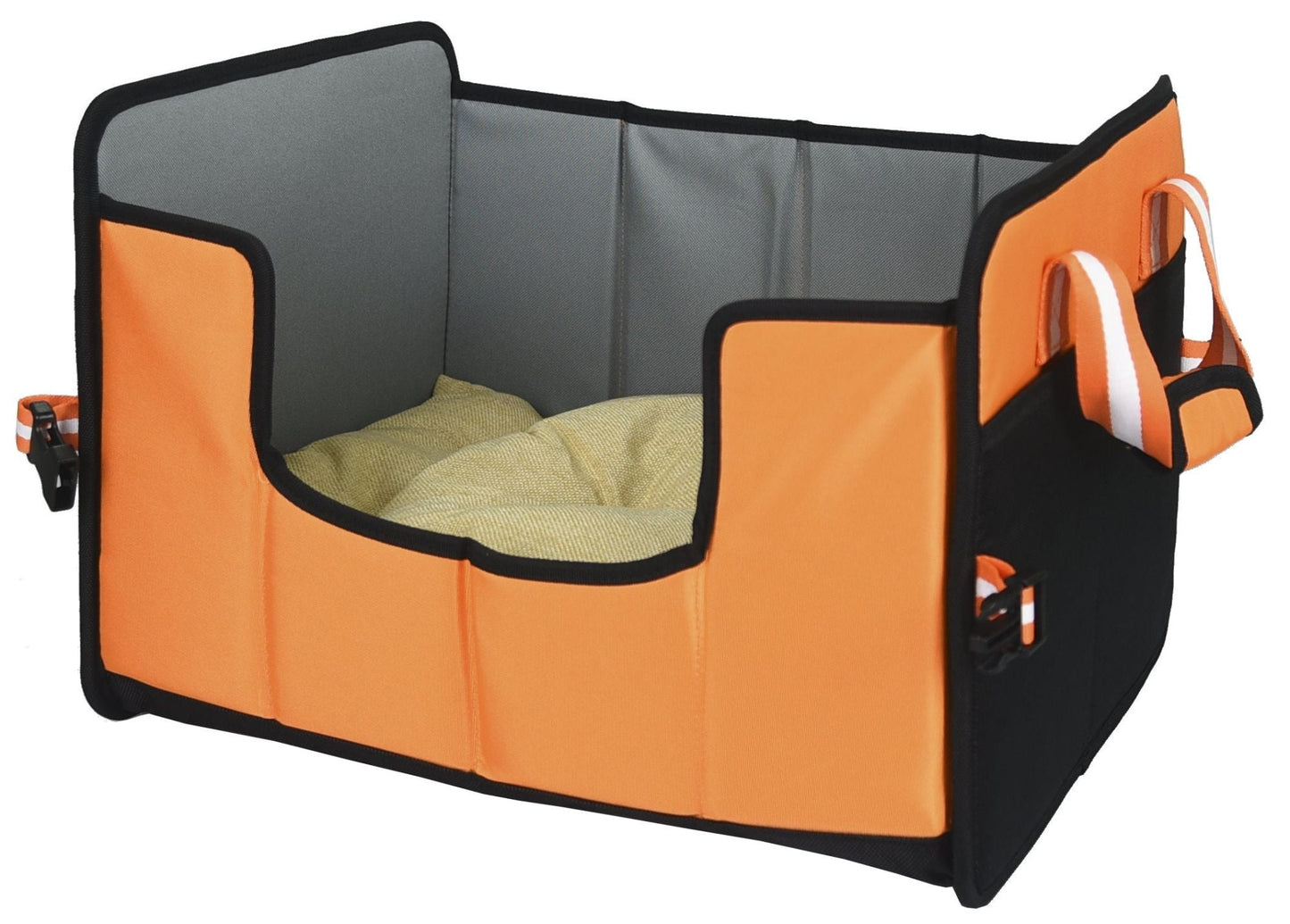 Folding travel pet bed, orange base with black trim and gray back panels, beige cushion.