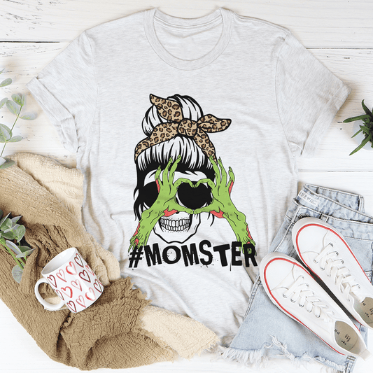 Heather gray crewneck T-shirt with #MOMSTER monster graphic