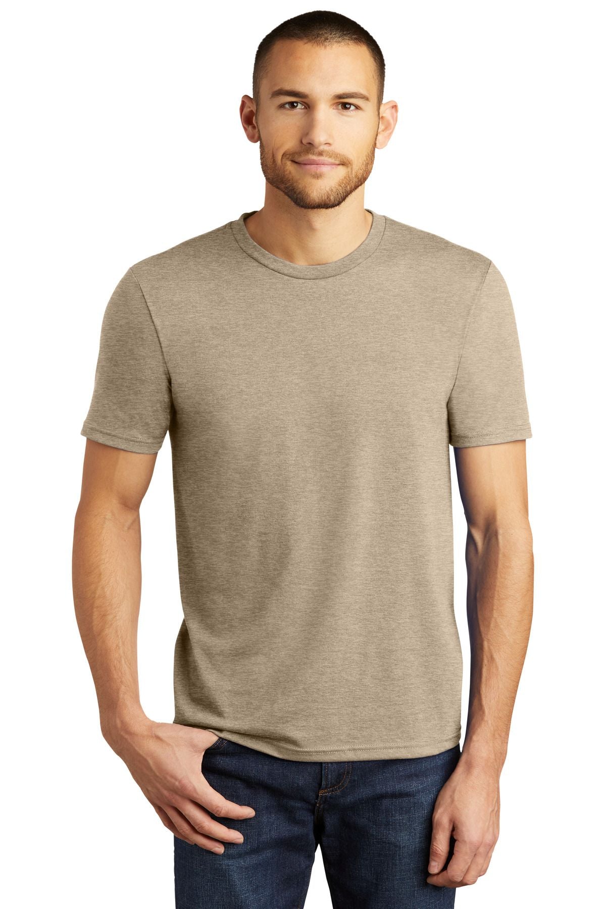 Crewneck tri-blend tee in tan, short sleeves, straight hem.