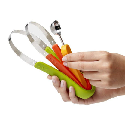 3-in-1 fruit scooper and melon baller with metal spoon ends and green/red handles