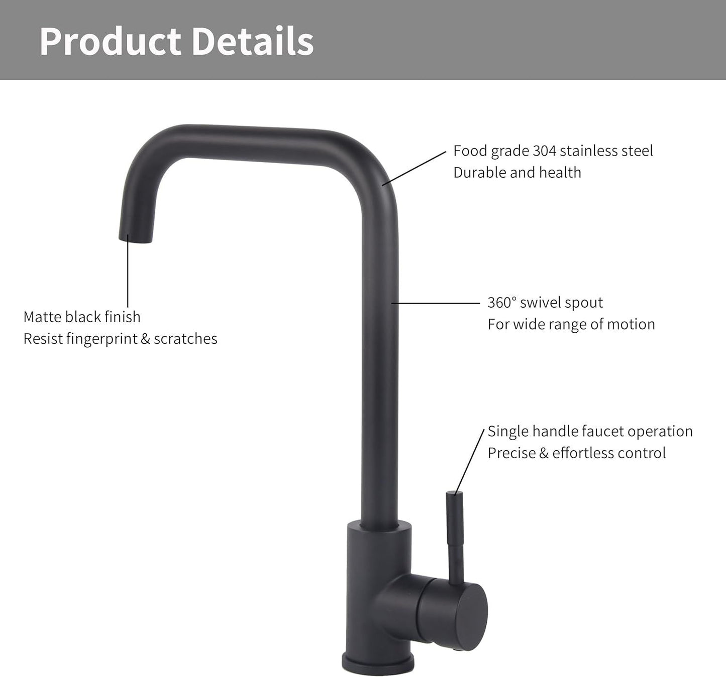 Matte black single-handle kitchen faucet with swiveling curved spout