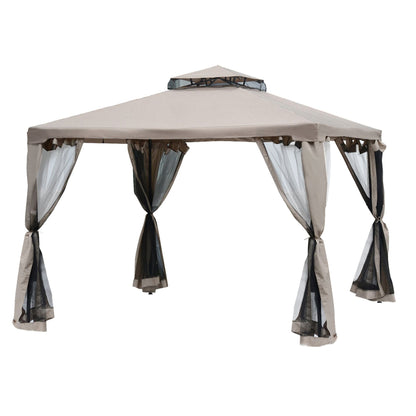 Outsunny 10' x 10' Gazebo Tent, Canopy with Mosquito Netting SideWalls, 2-Tier Vented Roof, Fabric for Garden, Lawn, Backyard, Taupe