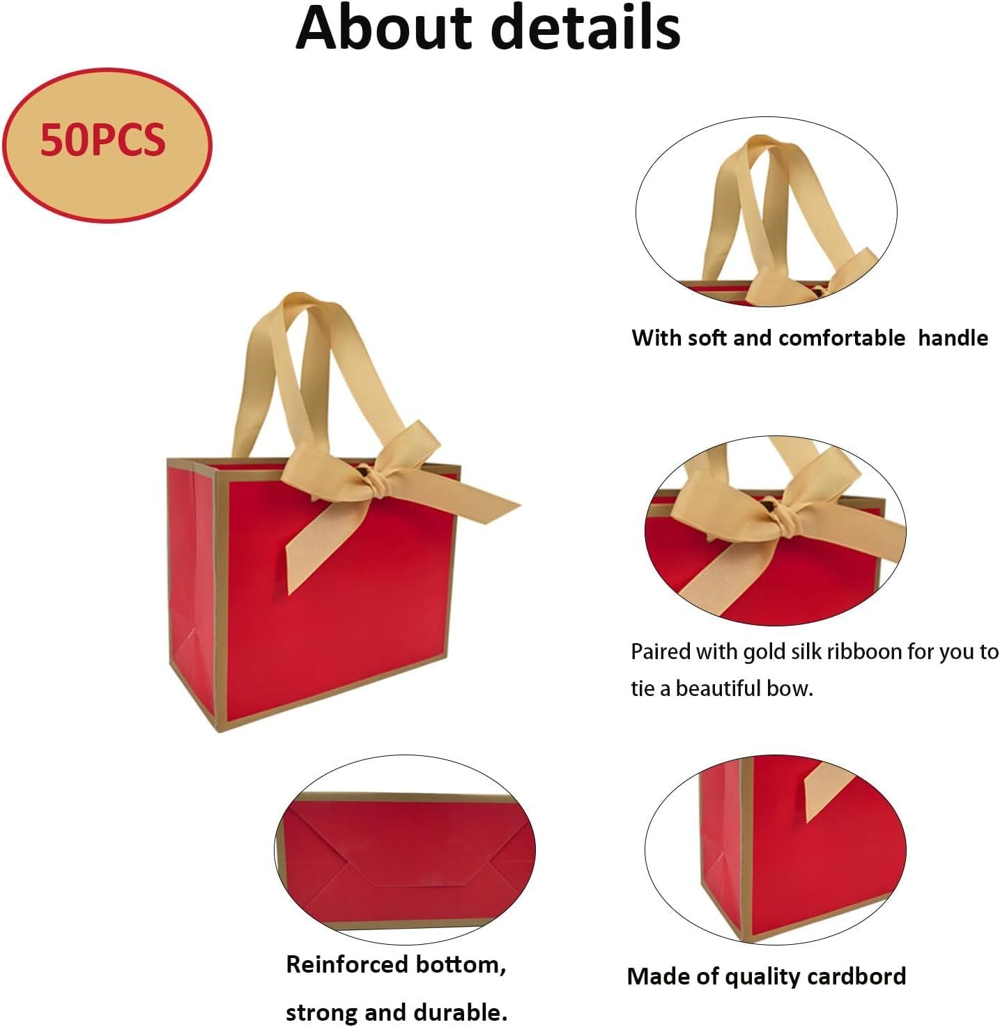 50 PCS Small Red Gold Gift Bags with Bow Ribbon - 6.4x3.1x5.1 Inch Thank You Bags with Handles, Bulk for Baby Shower, Bridal Shower, Wedding, Party Favors, Thanksgiving, Christmas