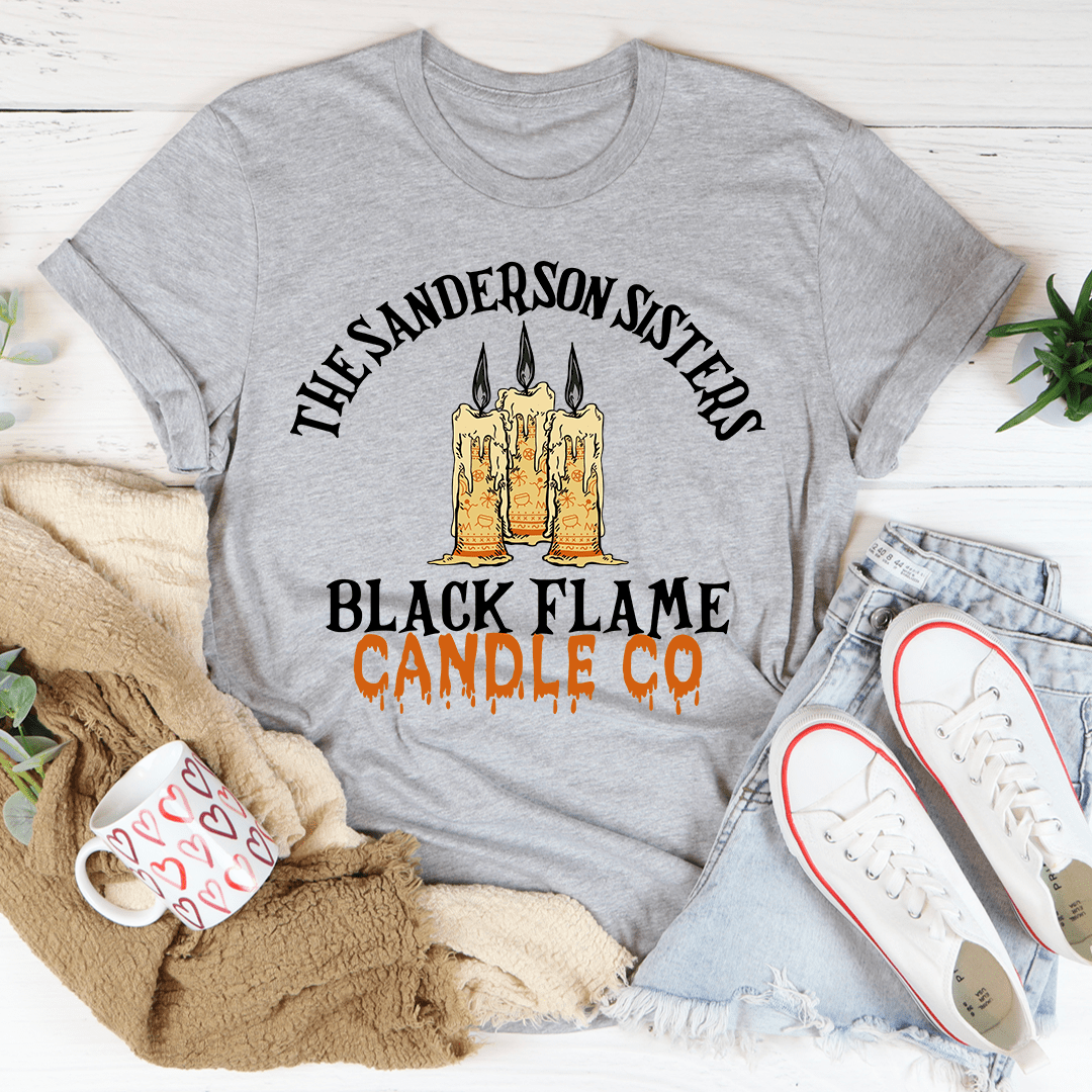 Unisex graphic T-shirt, athletic heather gray, “Black Flame Candle Co” candle and flame front print