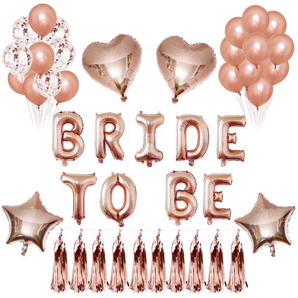 Bride-to-be foil letter balloon set with rose-gold BRIDE letters, tassel stars, heart balloons