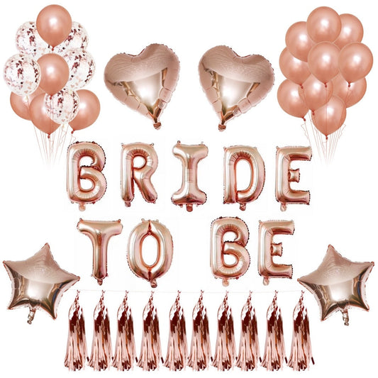 Bride-to-be foil letter balloon set with rose-gold BRIDE letters, tassel stars, heart balloons