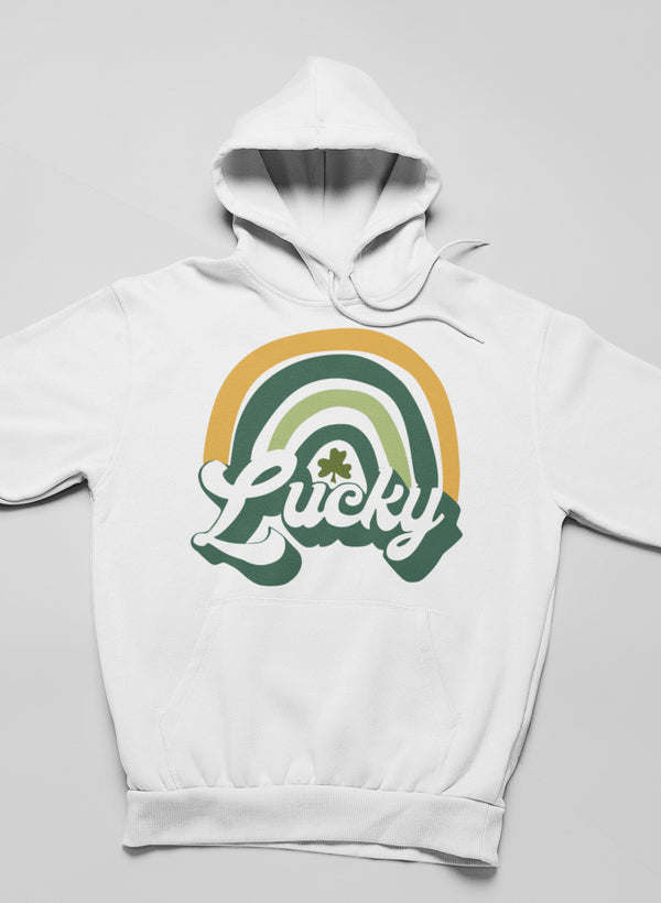 White retro hoodie with hood, kangaroo pocket, and Lucky rainbow graphic on the front.