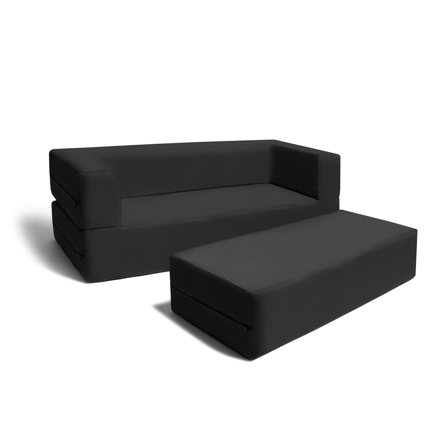 Black microsuede modular kids sofa with chaise and matching ottoman, side angle