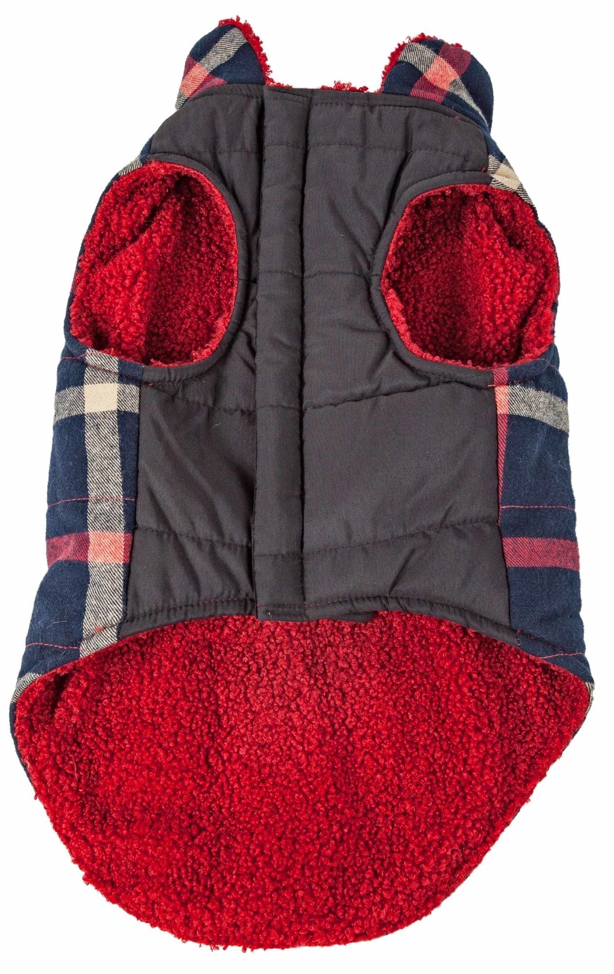 Dog insulated coat jacket with black body, red sherpa panels, and plaid side panels