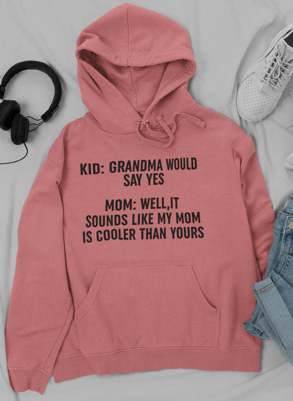 Mauve pullover hoodie with kangaroo pocket, drawstring hood, printed quote front