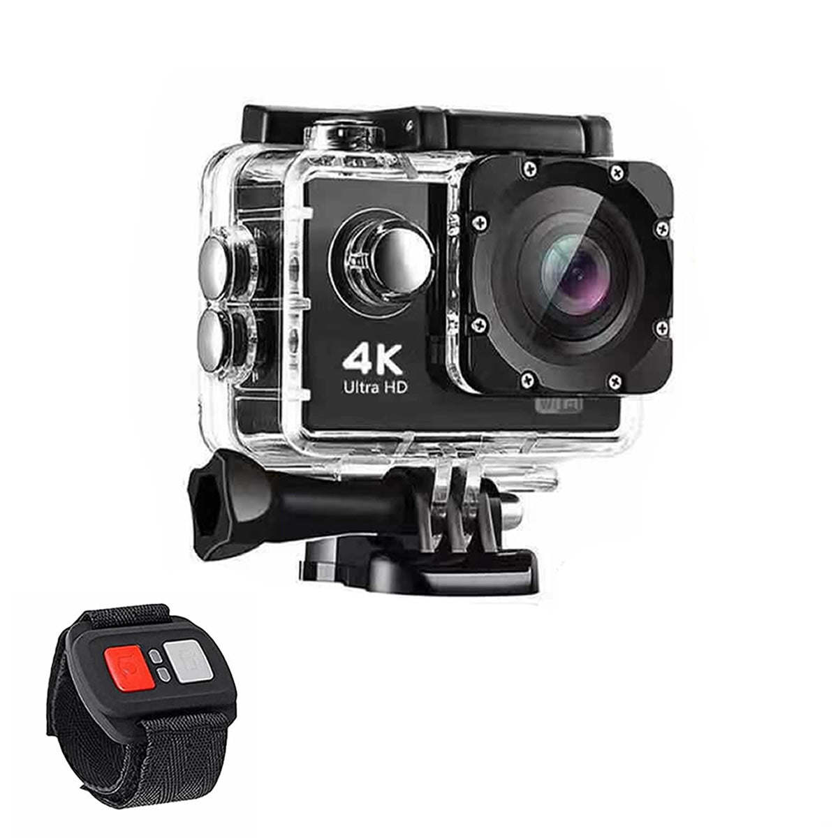 4K action camera in clear waterproof housing with lens, plus RF remote