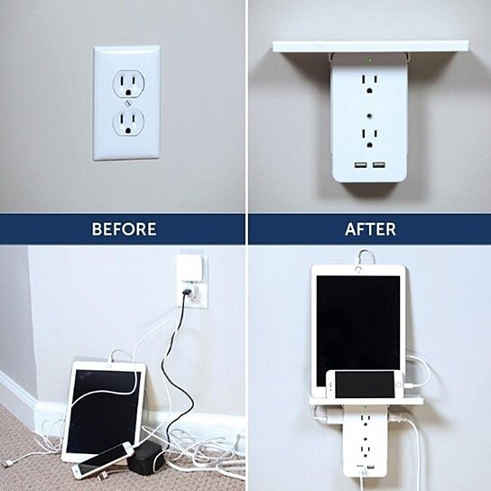 Wall-mounted white outlet with built-in shelf holding a tablet and 2 USB ports