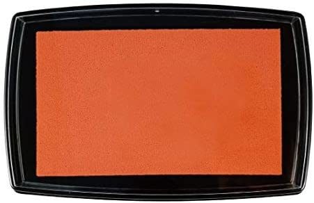 Orange washable ink stamp pad in a black plastic case with ink pad exposed