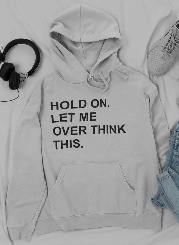 Light gray pullover hoodie with hood and drawstrings, front kangaroo pocket.