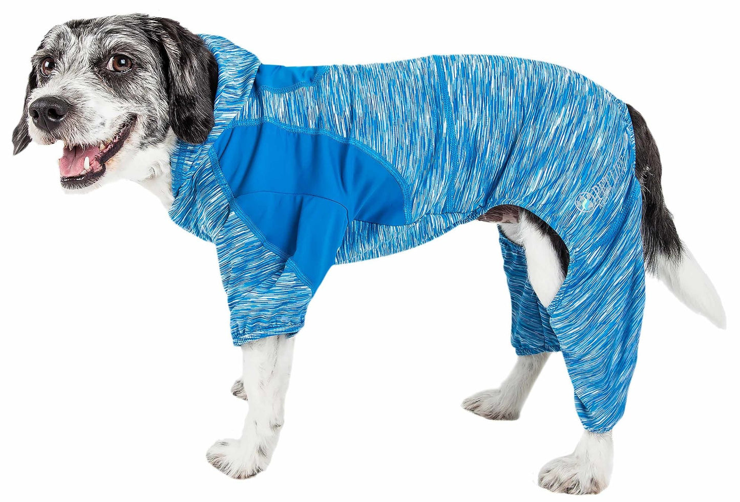 Two-tone blue dog full-body hoodie with hood and belly pocket, long sleeves and leg holes