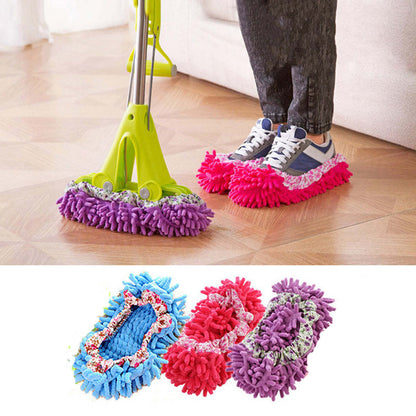 Slip-on mop slippers in purple, pink, and blue microfiber with floral trim.